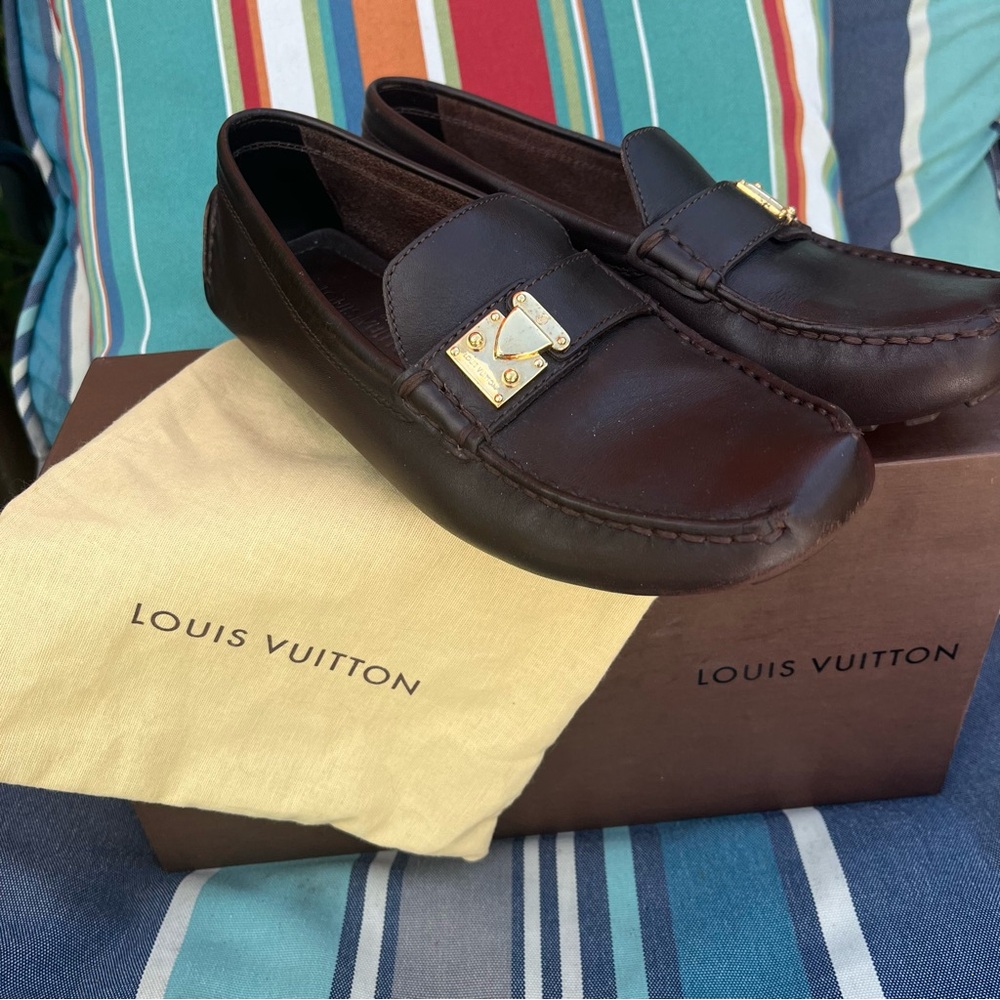 Louis Vuitton Women’s Dark Brown Lombok slip-on Loafers with Gold Accents